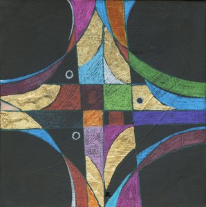 Znak krzyża, ok. 2013 (akryl i kolorowy ołówek ze złotymi płatkami na panelu) autorstwa Christina Saj