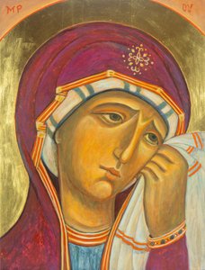 Matka Boska Bolesna, 2001 (tempera jajowa, drewno, płatki złota) autorstwa Christine Hales