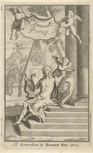 Apollo z portretem Caspara Brandta Strona tytułowa dla: K. Brandt, Poëzy, 1705 autorstwa Christoffel Lubienitzki