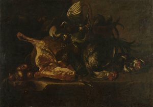 Martwa natura z mięsem i martwymi ptakami autorstwa Christoffel Puytlinck