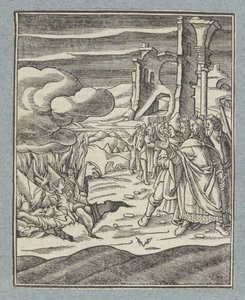 Korach, Datan, Abiram i ich rodziny zostają pochłonięte przez ziemię autorstwa Christoffel van Sichem (II)
