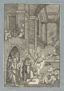 Piotr i pozostali apostołowie zostają uwolnieni z więzienia przez anioła autorstwa Christoffel van Sichem (II)
