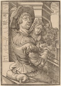 Młody mężczyzna grający na psałterium autorstwa Christoffel van Sichem I after Hendrik Goltzius