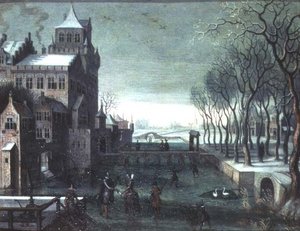 Zimowy krajobraz z łyżwiarstwem figurowym przy zamku na wodzie autorstwa Christoffel van den (circle of) Berghe