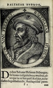Balthasar Hubmaier, ilustracja z „Apocalypsis insignium aliquot heresiarcharum”, wyd. Hendrik van Haestens, Amsterdam autorstwa Christoffel van the Elder Sichem