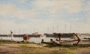 Partia Nyholm z dźwigiem i kilkoma okrętami wojennymi autorstwa Christoffer Wilhelm Eckersberg