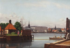 Giełda, kościół Christiansborg i Holmen, widziany z terenu Towarzystwa Azjatyckiego. autorstwa Christoffer Wilhelm Eckersberg