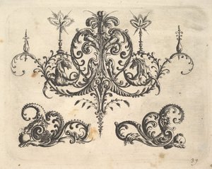 Fantastyczny żyrandol z płonącymi świecami i arabeskami, niektóre zakończone fantastycznym koniem..., 1610.