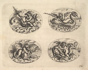 Cztery owale z Genii, tabliczki z Neue Grotessken Buch, 1610.
