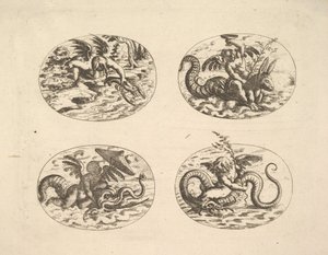 Putti z potworami morskimi, talerze z Neue Grotessken Buch, 1610.