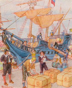 Hafen Mit Tabakballen / Port z belami tytoniu (kolorowa litografia)