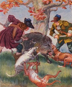 Sauhatz / Polowanie na świnie (kolorowa litografia)