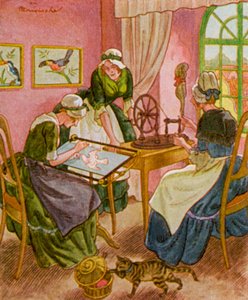 Stickerin Und Spinnerin / Hafciarka i przędzarka (kolorowa litografia)