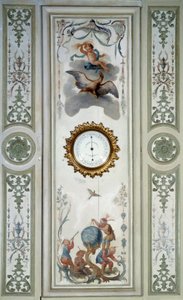 Panel dużego salonu Chateau de Champs sur Marne z barometrem i chinoiserie. Dekor ścienny namalowany przez Christophe Huet (1700-1759) autorstwa Christophe Huet