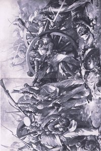 Bitwa pod Meanee, 17 lutego 1843: Walka na działa, ilustracja z brytyjskich bitew na lądzie i morzu, 1915 autorstwa Christopher Clark