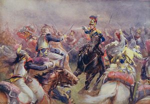 Szarża ciężkiej brygady przeciwko francuskim kirasjerom pod Waterloo, z „Brytyjskich bitew na lądzie i morzu” pod redakcją Sir Evelyna Wooda (1838-1919) opublikowana po raz pierwszy w 1915 r.