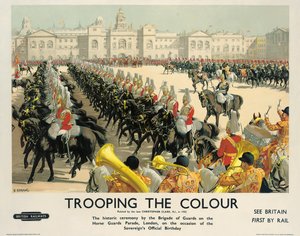 „Trooping the Colour”, plakat reklamowy kolei brytyjskich, ok. 1950 (kolorowa litografia) autorstwa Christopher Clark