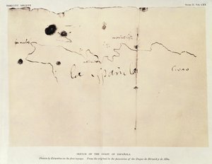 Szkic wybrzeża Espanoli, narysowany przez Kolumba podczas pierwszego rejsu, z oryginału będącego w posiadaniu księcia de Berwick y de Alba, 1492 (tusz na papierze)