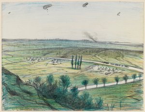 Pejzaż z balonami obserwacyjnymi, 1914-18 (ołówek i kredka na papierze) autorstwa Christopher Richard Wynne Nevinson