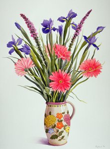 Irysy i Gerbera w holenderskim dzbanku (wc) autorstwa Christopher Ryland