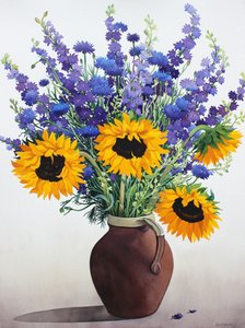 Letnie kwiaty w brązowym dzbanku (akwarela na papierze) autorstwa Christopher Ryland