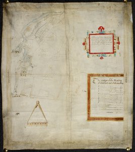 Mapa posiadłości Bayford i Goodmanston w Murston i Sittingbourne, co. Kent: 1590 (tusz i kolorowa farba na welinie)