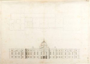 Pałac Hampton Court, Elewacja w planie częściowym i szkicu elewacji wejściowej, prawdopodobnie dla II schematu, numer 5 i 6
