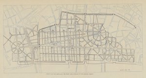 Plan sir Christophera Wrena dotyczący odbudowy spalonego obszaru nałożony na istniejące ulice (litografia) autorstwa Christopher Wren