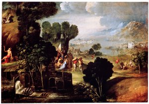 Pejzaż ze scenami z żywotów świętych, ok. 1530 autorstwa Circle of Dosso Dossi