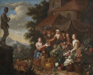 Sprzedaż warzyw i kwiatów na włoskim targu. autorstwa Circle of Norbert van Bloemen