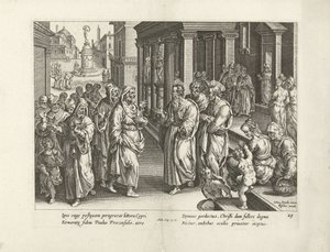 Paweł kłóci się z czarownikiem Elimasem Dzieje Apostolskie (tytuł serii) Acta Apostolorum (tytuł serii) autorstwa Claes Jansz. Visscher (II) (workshop of)