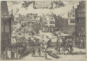 Egzekucja spiskowców prochowej zdrady, 1606 Supplicium de octo coniuratis sumtum in Britannia (tytuł na obiekcie) autorstwa Claes Jansz. Visscher (II)