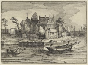 Sloopy na osiedlu Holenderskie pejzaże (tytuł serii) Amaeniores Aliquot Regiunculae (tytuł serii na obiekcie) autorstwa Claes Jansz. Visscher (II)