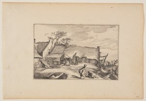 Gospodarstwo, mężczyzna niosący kosz na pierwszym planie, z Pejzaże (Verscheyden aerdige Lanthuysen...) autorstwa Claes Jansz. Visscher