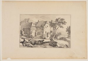 Podwórze, odpoczywający pasterz na pierwszym planie, z Landscapes (Verscheyden aerdige Lanthuysen...) autorstwa Claes Jansz. Visscher