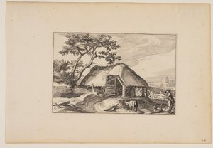 Stodoła, stado odpoczywające na patyku na prawym pierwszym planie, z Pejzaże (Verscheyden aerdige Lanthuysen...) autorstwa Claes Jansz. Visscher