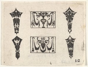 Blackwork Print z dwoma poziomymi panelami i czterema ramkami, ca. 1620. autorstwa Claes Jansz Visscher