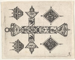 Blackwork Print z krzyżem łacińskim i czterema motywami, ca. 1620. autorstwa Claes Jansz Visscher