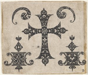 Blackwork Print z krzyżem łacińskim i małymi motywami, ca. 1620. autorstwa Claes Jansz Visscher