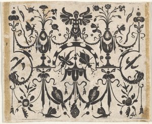 Blackwork Print z symetrycznym groteskowym wzorem, ca. 1620.