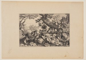 Drzewo i melony, z krajobrazów (Verscheyden aerdige Lanthuysen...) autorstwa Claes Jansz. Visscher