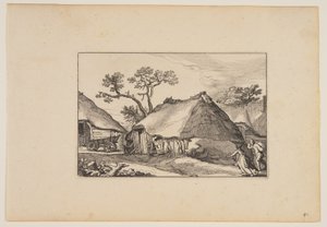Dwie stodoły, wózek po lewej, z pejzażu (Verscheyden aerdige Lanthuysen...) autorstwa Claes Jansz. Visscher