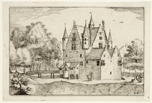 Zamek, płyta 22 po Obrazach gospodarstw, domów wiejskich i rustykalnych wiosek (Praediorum villarum et rusticarum casularum icones) autorstwa Claes Jansz. Visscher II