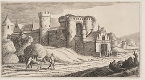 Chłop z koniem na drodze w pobliżu murów miejskich, z Pejzaże (Playsante Lantschappen) autorstwa Claes Jansz. Visscher II