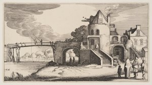 Most z domem poboru opłat, z Landscapes (Playsante Lantschappen) autorstwa Claes Jansz. Visscher II