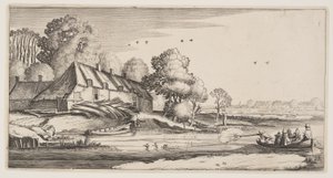 Strzelanie do kaczek z łodzi wiosłowej w pobliżu farmy, z Landscapes (Playsante Lantschappen) autorstwa Claes Jansz. Visscher II
