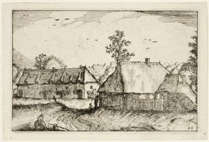 Duże szopy, płyta 21 po Obrazach farm, domów wiejskich i rustykalnych wiosek (Praediorum villarum et rusticarum casularum icones) autorstwa Claes Jansz. Visscher II