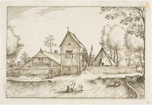 Duża farma otoczona murem, płyta 23 po Obrazach farm, domów wiejskich i rustykalnych wiosek (Praediorum villarum et rusticarum casularum icones) autorstwa Claes Jansz. Visscher II