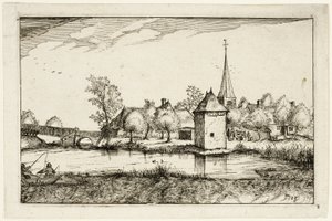 Staw i wioska, płyta piętnasta po Obrazach gospodarstw, domów wiejskich i rustykalnych wiosek (Praediorum villarum et rusticarum casularum icones) autorstwa Claes Jansz. Visscher II