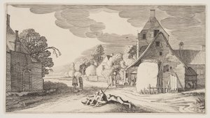 Trzech chłopów odpoczywających na skrzyżowaniu w wiosce, z Landscapes (Playsante Lantschappen) autorstwa Claes Jansz. Visscher II